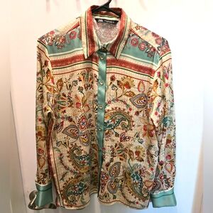 ZARA Women's Paisley Silky Long Sleeve Ivory Button Down Blouse (Size:M)